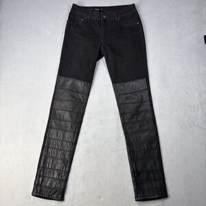 Avelon Skinny Moto Jeans Women's Black Leather Patch Size 27 X32 (27x28 Mid Rise